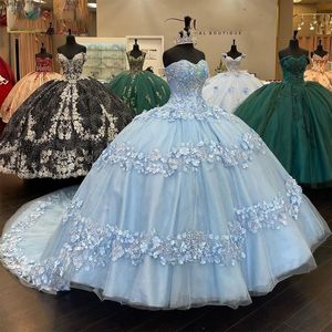 2023 Jasnoniebieskie sukienki Quinceanera Applique z koraliki gorset tył dekolt w kształcie serca ręcznie robione kwiaty niestandardowe sweet 16 księżniczka imprezowa suknia balowa vestidos