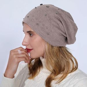 Berretti da caccia in inverno Cappello pullover con perline forato in cotone a doppio strato da donna Orecchio da sci in lana lavorata a maglia calda da donna