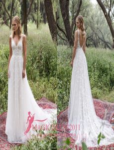 Romantic Limor Rosen Sheath Wedding Dresses Deep Vneck Sheer remmar Tunga utsmyckningar Lace Vintage Garden Beach Brud Gow7984545
