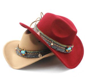 Barn ull ihålig västerländsk cowboy hatt med tofs bälte barn flicka jazz hatt cowgirl sombrero cap storlek 5254 cm för 48 år Q08051229249