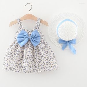 Abiti per ragazza 2 pezzi Summer Born Set vestiti coreani per bambini Stampa di moda Beach Cute Bow Flower Cappello da principessa per bambini BC2239