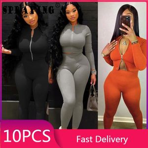 Calças de duas peças de duas peças 10 itens de atacado para o outono de negócios roupas femininas com zíper de manga longa Top Sport Sexy Tracksuit Sport