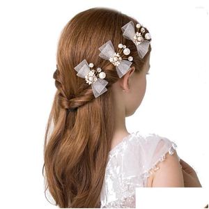 Hårklämmor Barrettes Hårklipp 1PC Golden Elegant Lace Bowknot Faux Pearl Hairpin Clip Tiara Wedding Party Jewelry Accessories de Dhcpz