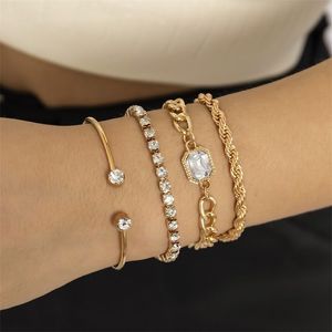 Bangle Bracelet designed jewerly Multi-layer hollowed-out metal bracelet set with Rhinestone chain