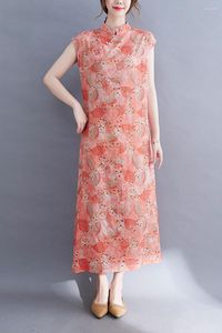 Etnik Giyim 2022 Çin Retro Cheongsam Elbise Çiçek Baskı Tasarımı Stand-up Yaka Pamuk ve Keten Oryantal Uzun Qipao Vestido