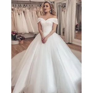 2023 Modest A Line Wedding Dresses Sheer off shoulder beaded Lace Appliques Back Lace Up Country Style Chic Bridal Gown Custom Made