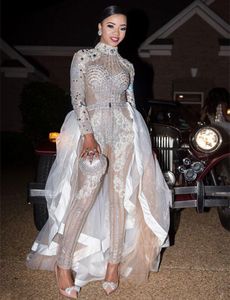 2022 Kardashian luxe kristallen kralen jumpsuits prom jurken optocht met afneembare rok hoge nek lange mouw kralen sprankelend BL4890044