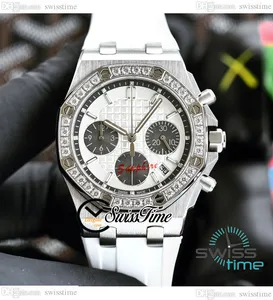 26231 37mm miyota Quartz Chronograph Ladies Watch Diamonds Bezel Textured Dial Black Subdial White Rubber Strap Womens Watches Stopwatch Swisstime E245B2
