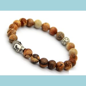 Beaded Jewelry Natural Picture Jasper Loose Semi Precious Stone Beads Mens Antique Sier Buddha Bracelets Strech Drop Delivery Dhdqf