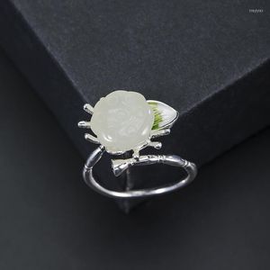 Cluster Ringe Original 925 Sterling Silber Ethnische Jade Ring Schmuck Für Frauen Chinesischen Stil Lotus Pod Einstellbar Offen Großhandel JZ043