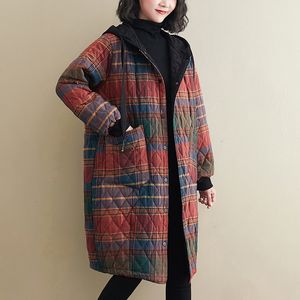 Damen-Daunenparkas Johnature Frauen Vintage Winter Plaid Button Mäntel Kapuzentaschen Warme weibliche Kleidung koreanischen Stil 221117