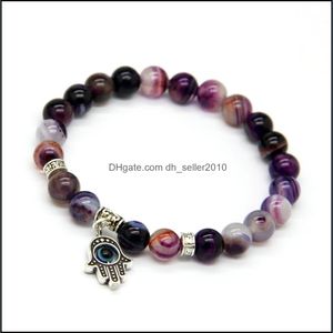 Bracelets de charme Novos conjuntos de jóias de chegada de 8 mm de miçangas de ágata roxo de 8 mm de braclets de ioga de ioga om ham hamsa ioga melhor presente para homens e wo dhv9p