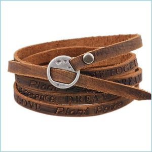 Charm Armbänder Mtilayer echtes Lederarmband Frauen Männer Armbänder Brief Traum Liebe Frieden Be inspirierend Mode Schmuck Drop d Dhb8e