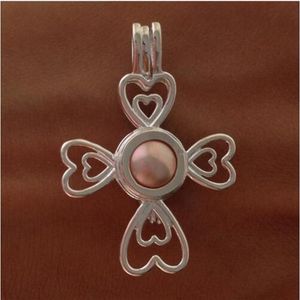 925 Silver Pearl Cage Locket Pendant montering Sterling Silver Cross Heart Four-Leaf Clover Style Love Charm för armband halsband Jewe320h