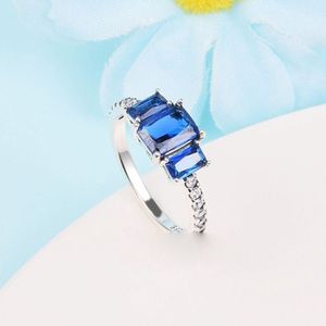 925 Sterling Silver Blue Rectangular Three Stone Sparkling Ring Fit Pandora Jewelry Engagement Wedding Lovers Fashion Ring for Women