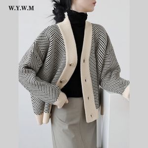 Women's Knits Tees WYWM Fall Striped Knitted Cardigans Sweater Women Vintage Korean Chic Long Sleeve Coat Fashion Streetwear Loose Female Tops 221117