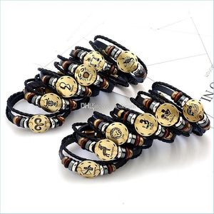 Urok bransolety 12 skórzana bransoletka Constell Bransoleta Brązowa Charm Charm Horscope Znak mtilayer Bracelets Wommen Mens Bangle Mankiet moda dhxyg