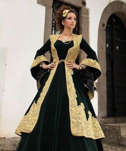 Albanska Caftan Hunter Green aftonkl￤nningar blossade l￥nga ￤rmar sammet lacetraditional kosovo prom kl￤nningar festkl￤der