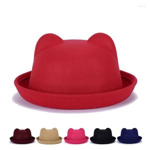 Hats Fashion Girls Fedora Hat Dome Kitten Ears Cap Children Dress Kids Caps Felt Wool Felting Bowler Bonnet Enfant