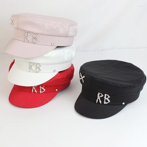 Berets 2022 Marke Designer Frühling Sommer Kappen Frauen Zwei-farbige Sboy Cap Kristall Verziert Satin Baker Boy Hüte Navy hut