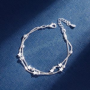 Double Layers Stars Beads Bracelets For Women Silver Color Leaves Chain Charm Bracelet Birthday Party Gift Friendship Jewelry