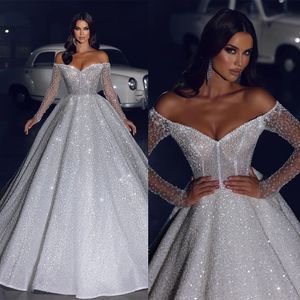 Sparkly Dubai A Line Wedding Dress Sequined Off The Shoulder Long Sleeve Bridal Gowns Plus Size Vestidos De Novias