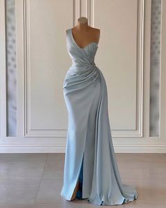 Evening Unique Women One Shoulder Sleeveless Backless Floor Length Formal Dress Satin Appliques Sequins Side Slit Prom Dresses Plus Size Tailored Custom Made es