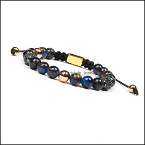 Braccialetti con ciondoli 10 gioielli in stile uomo all'ingrosso 10 pezzi / lotto 8mm braccialetti con perline in pietra naturale micro pavimenta cz palla croce e occhio Rame Br Dhpkw