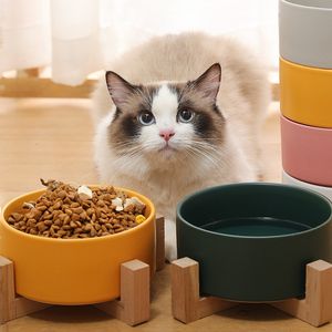 Cat Bowls Feeders Pet Ceramic with Bamboo Stand Dog Drinking Food Container and Feeding Supplies