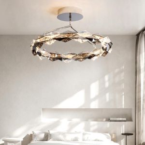 Chandeliers Modern 3 Dimmable Lights Ceiling Chandelier Bedroom Led Lighting Semi Pendant Lamp Luxury Gray & Clear Crystal