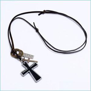 Colares de pingentes de letra de letra de esmalte Jesus Jesus colar de colar de couro ajust￡vel colares pendentes para homens homens punk moda jewelr dhs8o