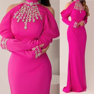 Crystals Beaded Simple Fuchsia Prom Dresses High Neck Drop Sleeves Long Sheath Satin Formal Evening Gowns Floor Length Special Occasion Vestido