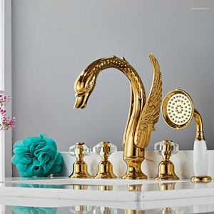 Rubinetti per lavabo da bagno Rubinetto Tuqiu Soffione doccia per vasca da bagno dorato Miscelatore per lavabo diffuso Swan con doccetta e rubinetto per acqua fredda