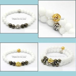 Charm Bracelets Jewelry Wholesale White Stone Beads With Copper Ore Sier And Gold Buddha Yoga Bracelets Mens Gift Drop Delivery Dhrlg