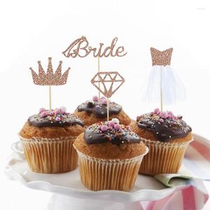 Feestelijke benodigdheden JQsyrise 8pcs Rosegold Bride Cupcake Toppers Diamond Ring Crown Wedding Jurk vrijgezellenfeest Decor Bridale douche
