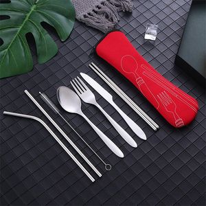 Rostfritt stål Tabellegart Straw Fork Spoon Chopsticks Spoon Family Travel Camping Cutery Set med förvaringsväska
