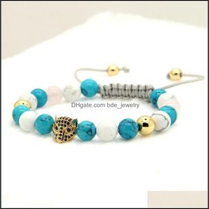 Charm Bracelets Wholesale 10Pcs/Lot 8Mm Turquoise Howlite Stone Blue Cz Leopard Head Braided European American Style Weaved Womens B Dhwxt
