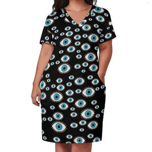 Plus Size Dresses Evil Eye Print Dress V Neck Greek Mati Mataki Aesthetic Holiday Elegant Casual Ladies Graphic Vestido