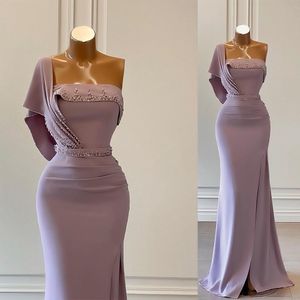 Evening Purple Women One Shoulder Sleeveless Backless Floor Length Satin Bateau Sequins Beaded Sexy Prom Dress Formal Gowns Plus Size Tailored