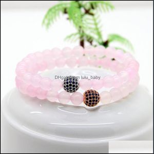 Urok bransolety dziewczyny biżuteria 6 mm A klasa różowe koraliki agatowe z 9 mm mikro utwardzony niebieski CZ Ball Bransoletowa bransoletka Prezent Dres D Dhvcp