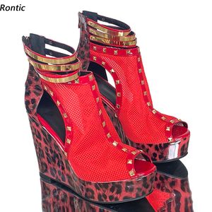 Sandali estivi da donna fatti a mano Rontic Stud Mesh Zeppe unisex Tacchi alti Punta tonda Splendide scarpe da night club leopardate Taglia USA 5-20