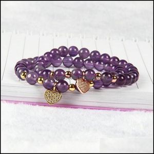 Beaded Womens Wholesale 10st/Lot 6mm Natural Purple Crystal Stone P￤rlor med Love Heart CZ Armband Fine Girl Women Charms smycken DHV9L