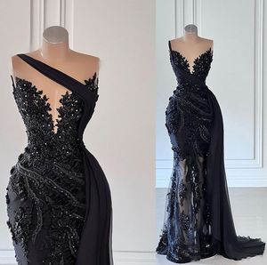 Graceful Black Prom Dresses Lace Appliques 3D Flowers Party Dresses Sheer Neck Illusion with Train Custom Made Evening Dress