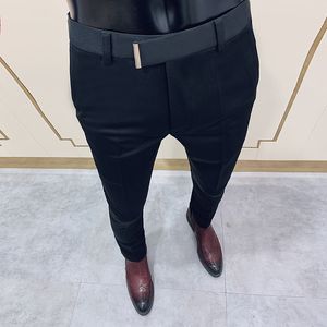 Calça masculina primavera coreana slim fit fit casual comprimento de streetwear de alta qualidade trajes cinza preto macacão de calça 591