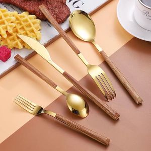 Retro Wooden Handle Flatware With Silver Mirror Polished Fork Spoon Knife Dessert Scoop for Chrismas Dinner