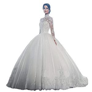 Vintage Ball Gown Wedding Dresses 2023 High Neck Luxury Train Long Sleeves Sparkle Applique Tulle Saudi Arabia Dubai Plus Size Bridal Gown