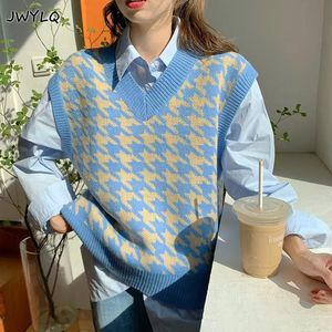 Frauen Westen Pullover Herbst Hahnentritt Plaid V-ausschnitt Ärmelloses Strick Vintage Lose Übergroßen Weiblichen Kleidung 221117