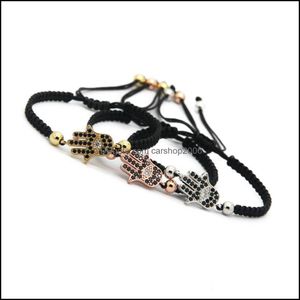 Charm Armbänder Großhandel 10pcs/Los Real Gold plattiert runde Perlen mit Mikro -Inlay -Pave Zirkon Fatima Hand Hamsa CZ Brainded Armband DHMCK