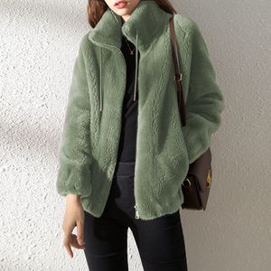 Kvinnorjackor Green Fleece Warm Stand Collar Long Sleeve Jacket Autumn Korean Fashion Brown Plus Size Size Harajuku Office Lady Coat 221117