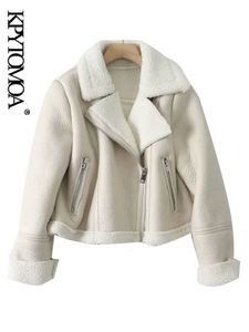 Women's Jackets KPYTOMOA Women Fashion Thick Warm Winter Fur Faux Leather Cropped Jacket Coat Vintage Long Sleeve Female Outerwear Chic Tops 221117